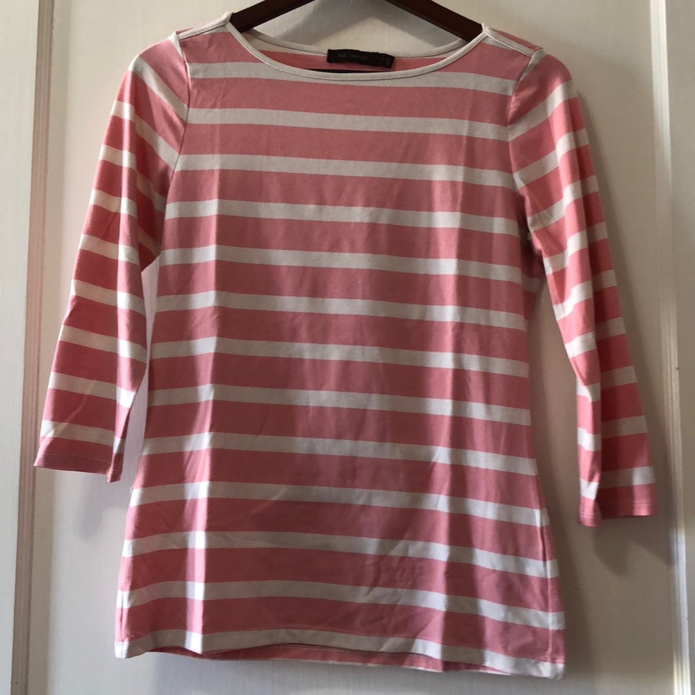 Boat Neck 3/4 length Top - Rose Pink and White